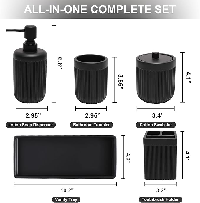 Resin Matte Black Bathroom Accessories Set 5 Pcs, Lotion Soap Dispenser - Image 2