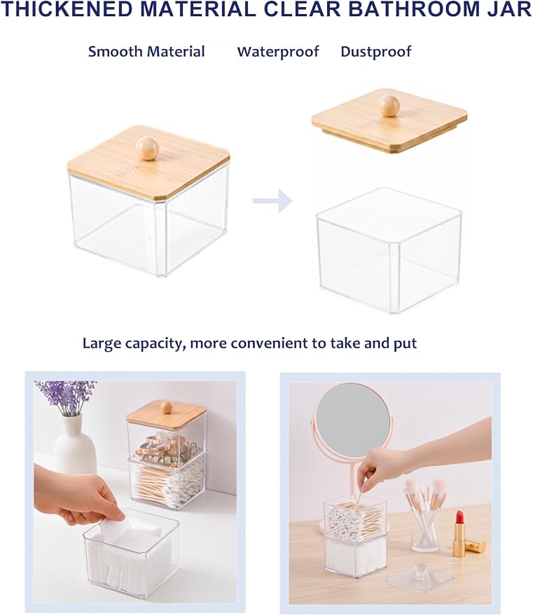 Cotton Swab Holder with Bamboo Lid, Single Layer Bathroom Countertop Organizer - Image 2