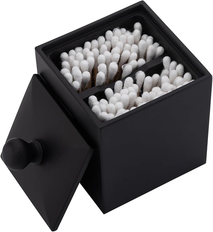 Cotton Swab Holder with Lid, Square Qtip Holder Bathroom Black, 2 Slot Resin by Rzoeox