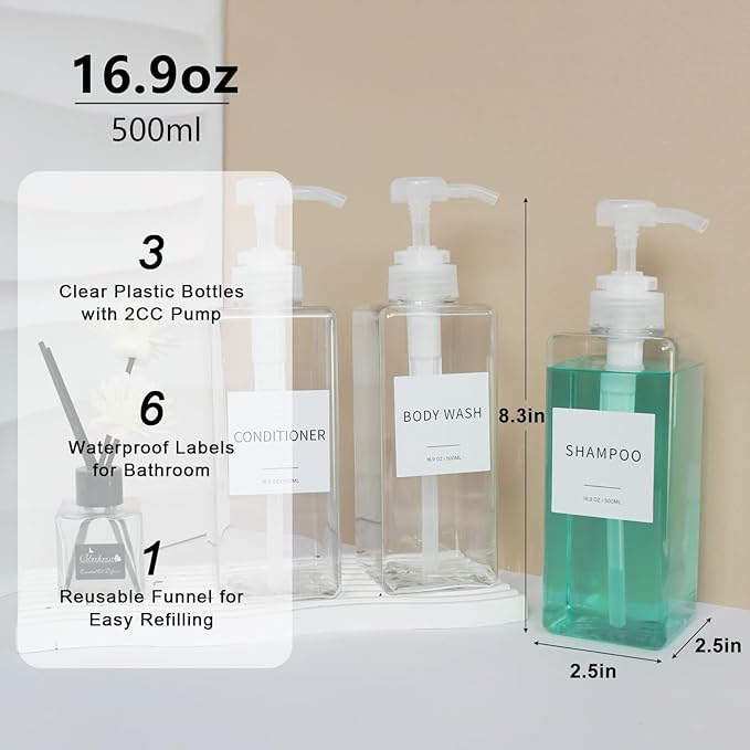 Shampoo and Conditioner Dispenser, Refillable Plastic Shampoo Pump Bottles - Image 2