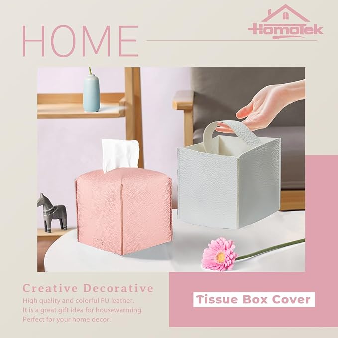 HOMOTEK 2 Pack Tissue Box Cover, Square PU Leather Tissue Holder, Decorative - Image 4