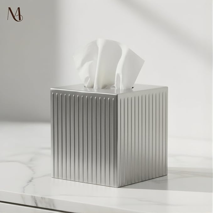 Monarch Abode Tissue Box Cover Square – Handcrafted Ridge Embossed Pewter Metal - Image 5