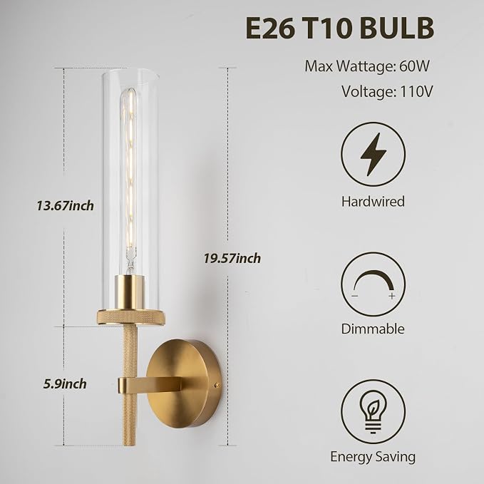 19.5" Knurled Gold Hardwired Wall Sconces Set of 2, Bathroom Vanity Light - Image 4