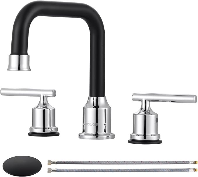 WOWOW Black and Chrome Bathroom Sink Faucet, Widespread Bathroom Faucet 3 Hole by WOWOW