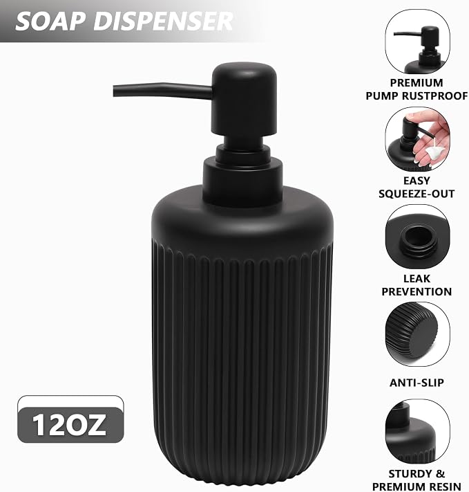 Resin Matte Black Bathroom Accessories Set 5 Pcs, Lotion Soap Dispenser - Image 3