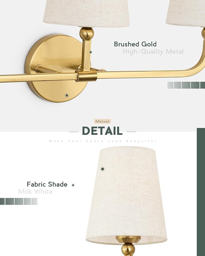 3-Light Bathroom Light Fixtures, Brushed Gold Vanity Lights - Image 3