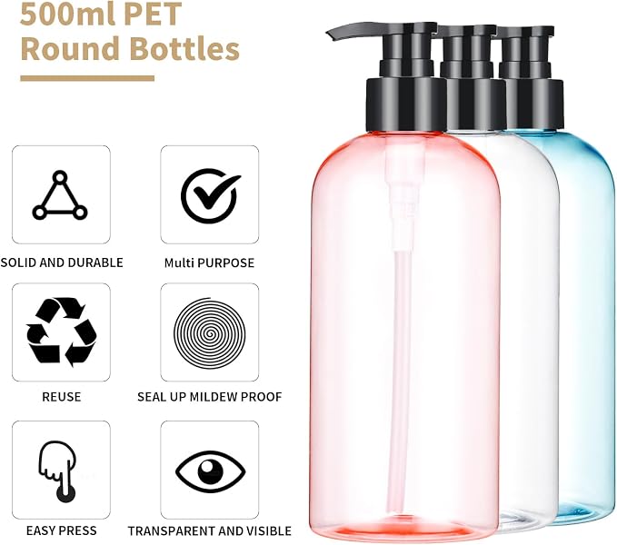 Bynccea Plastic Pump Bottle 16 oz/500 ml Empty Shampoo Pump Bottles Dispenser - Image 6