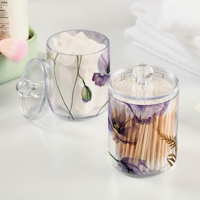 2 Pack Qtip Holder Dispenser for Cotton Ball Watercolor Flowers Purple Poppies - Image 2