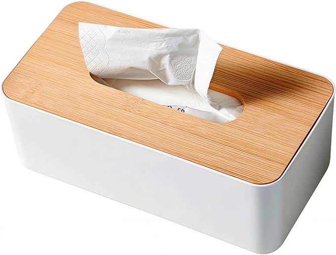 Tissue Box with Bamboo Cover, Plastic Tissue Organizer, Bathroom Tissue by YWHWXB