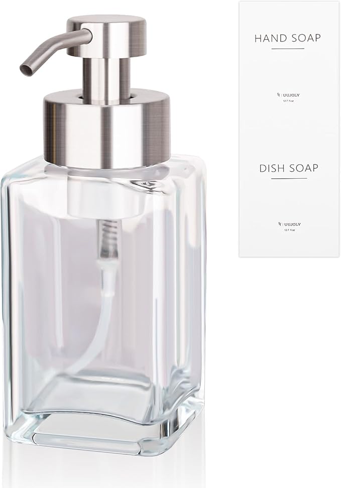 Foaming Soap Dispenser with Stainless Steel Pump, 12oz Refillable Glass Liquid by UUJOLY