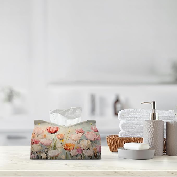 Spring Floral Leather Tissue Box Cover Rectangle, Tulip Flower Toilet Paper Box - Image 8