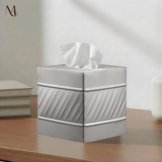Monarch Abode Tissue Box Cover Square – Handcrafted Wave Embossed Pewter Metal - Image 2