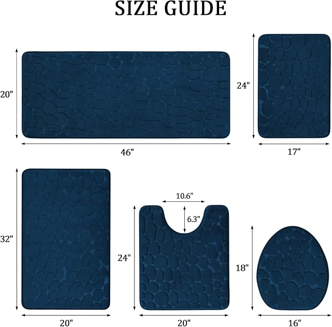 YIHOUSE Bathroom Rugs Mat Set 5 Piece Dark Blue, Memory Foam Bath Mats Sets - Image 2
