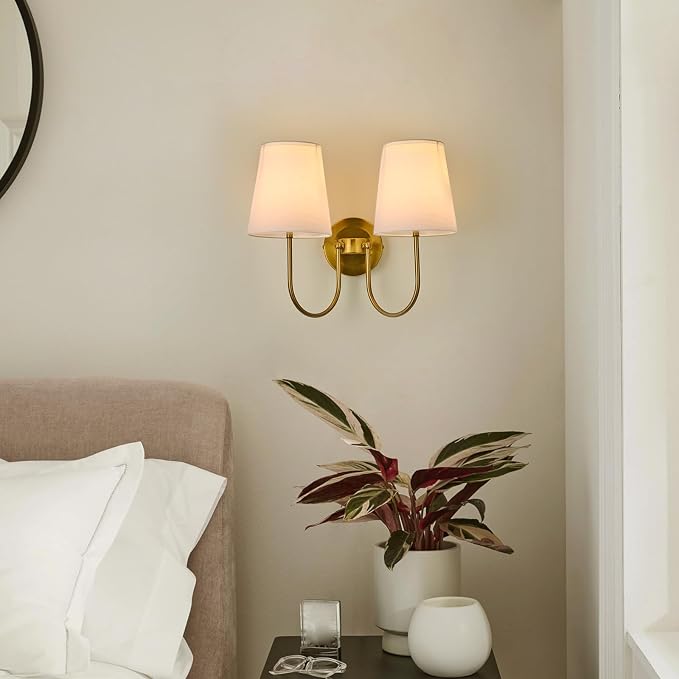 Hardwired White Fabric 2 Light Wall Sconce – Double Headed Cloth Shade Fixture - Image 7