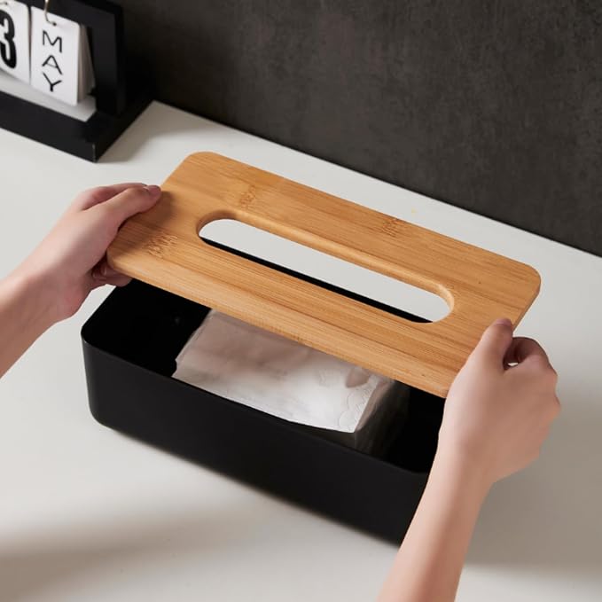 Tissue Box with Bamboo Cover, Plastic Tissue Organizer, Bathroom Tissue - Image 6
