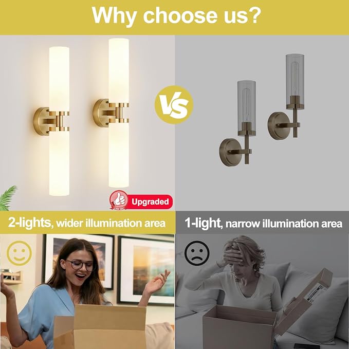 Wall Sconces Set of Two, Brushed Gold Bathroom Sconces Wall Lighting - Image 7