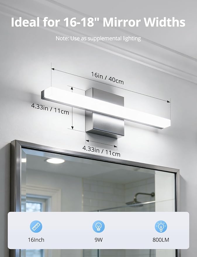 Combuh Modern Bathroom Light Fixtures Over Mirror, 16 Inch IP44 9W Chrome - Image 7