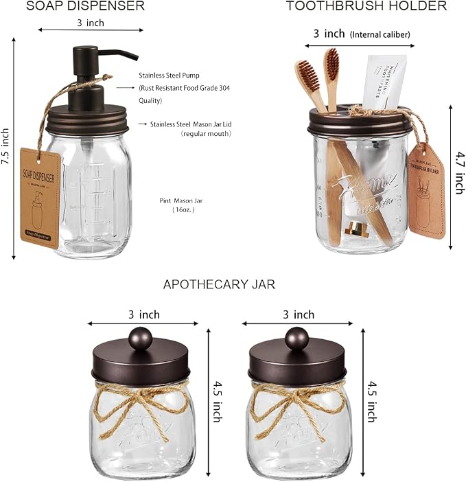 SheeChung 6Pcs Mason Jars Bathroom Accessories Set Complete - Image 5