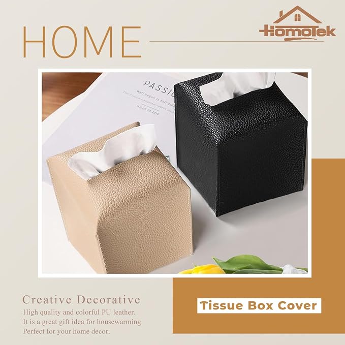 HOMOTEK 2 Pack Tissue Box Cover, Square PU Leather Tissue Holder, Decorative - Image 6