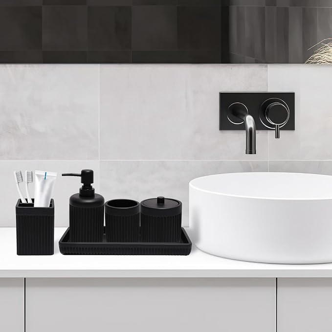 Resin Matte Black Bathroom Accessories Set 5 Pcs, Lotion Soap Dispenser - Image 8