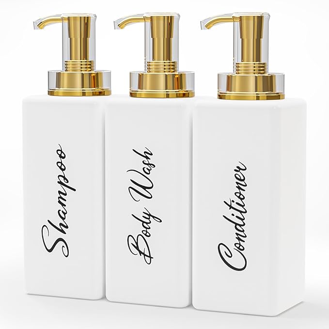 Akalin Refillable Shampoo and Conditioner Bottles, 16oz White and Gold Soap by Environmentallyfriendly