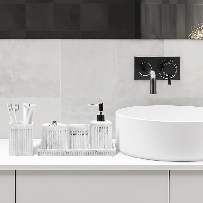 Resin White Marble Bathroom Accessories Set 5 Pcs, Lotion Soap Dispenser - Image 8