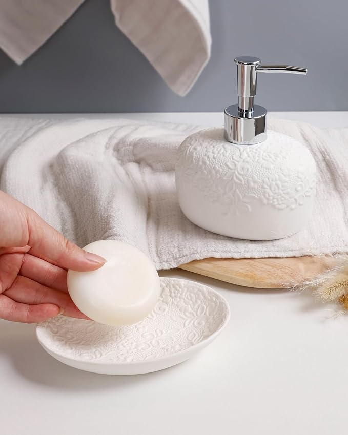 Bathroom Accessories Set with Embossed Design 4PCS, Ceramic White Bathroom - Image 6
