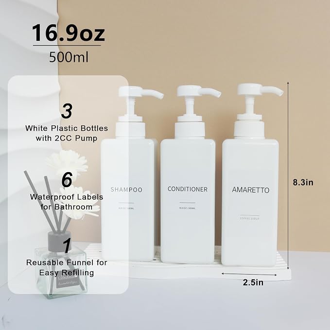 Shampoo and Conditioner Dispenser, Refillable Plastic Shampoo Pump Bottles - Image 2