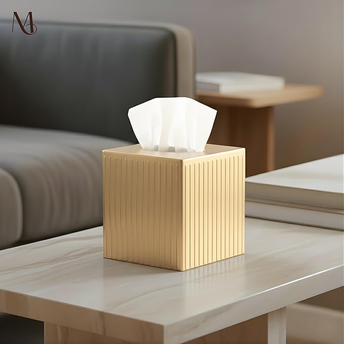 Monarch Abode Tissue Box Cover Square – Handcrafted Ridge Embossed Brushed Gold - Image 4