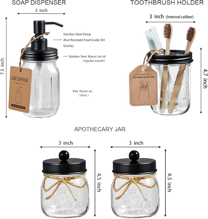 SheeChung 6Pcs Mason Jars Bathroom Accessories Set Complete - Image 5
