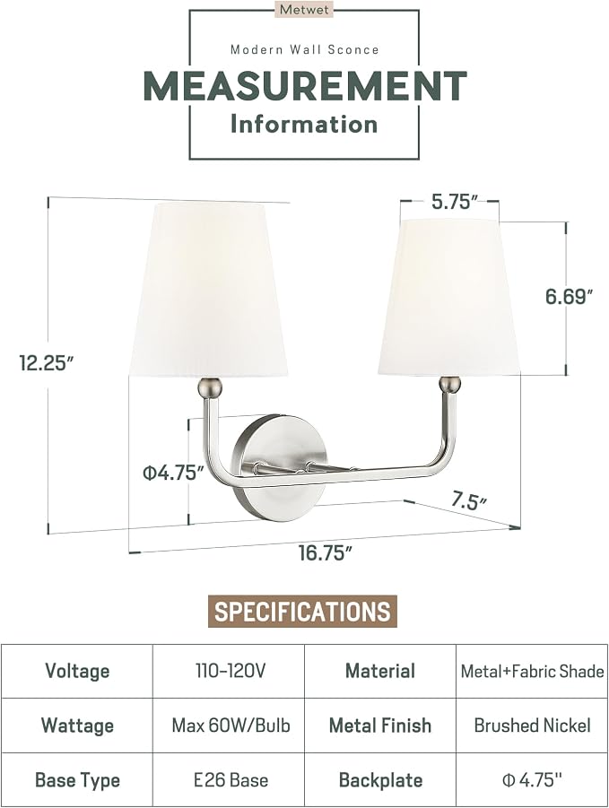 2-Light Bathroom Light Fixtures, Brushed Nickel Vanity Lights, Double Wall - Image 2