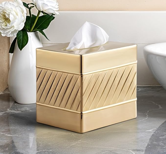 Monarch Abode Tissue Box Cover Square – Handcrafted Wave Embossed Brushed Gold - Image 8