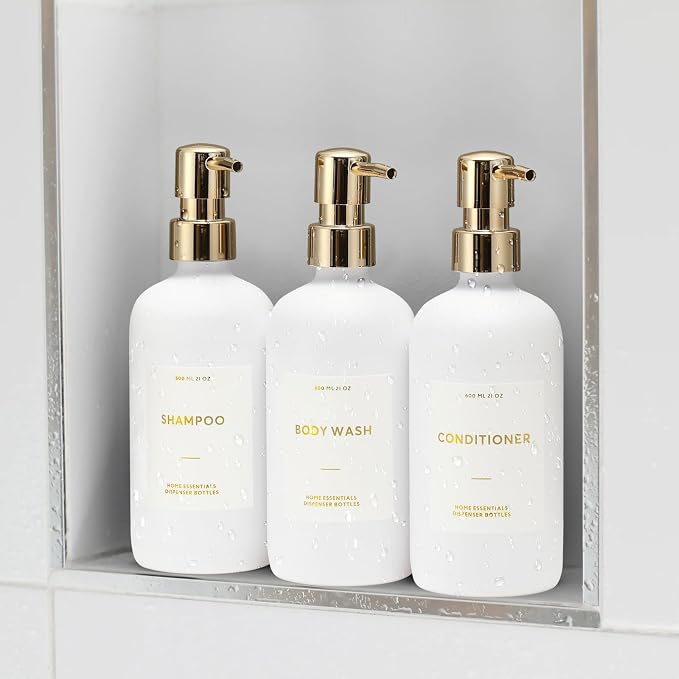 HOMCDALY Shampoo and Conditioner Dispenser, 21oz 3-Pack Refillable Pump Bottles - Image 8