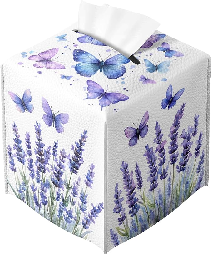 Butterfly Tissue Box Cover Purple Lavender Blossoms French Garden Leather by Unknown