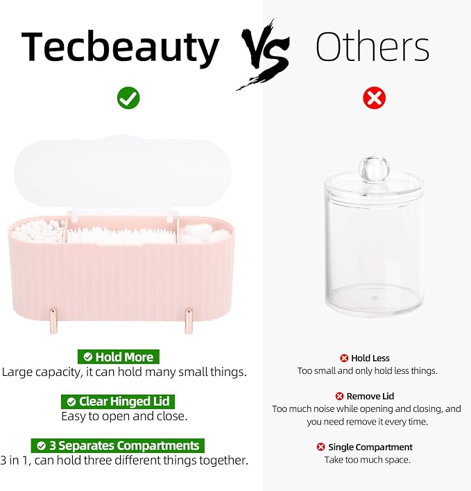 Tecbeauty Qtips Holder, 3 Grids Separate Cotton Swabs Ball Dispenser, Storage - Image 3