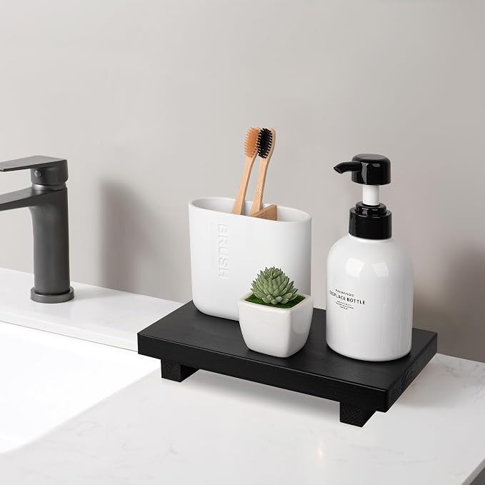 Bathroom Counter Organizer Wood Pedestal Stand Farmhouse Decorative Tray Soap - Image 2