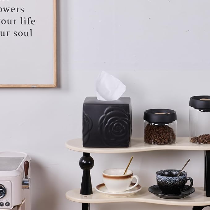 Black Ceramic Rose Tissue Box Cover, Carved Flowers Large Square Tissue Box - Image 7