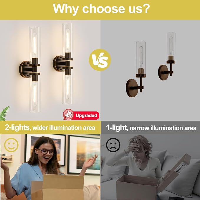 Wall Sconces Set of Two, Hardwired Brown Bathroom Sconces Wall Lighting - Image 7