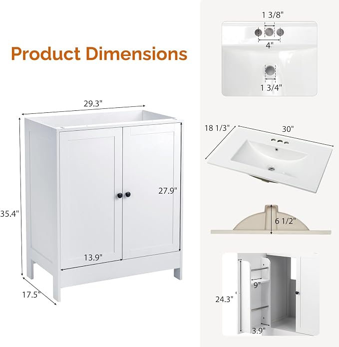 VINGLI 30 Inch White Bathroom Vanity - Image 2