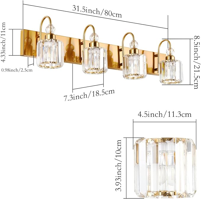 Ralbay Brass Gold Vanity Lights 4-Lights Crystal Bathroom Lighting Fixtures - Image 5