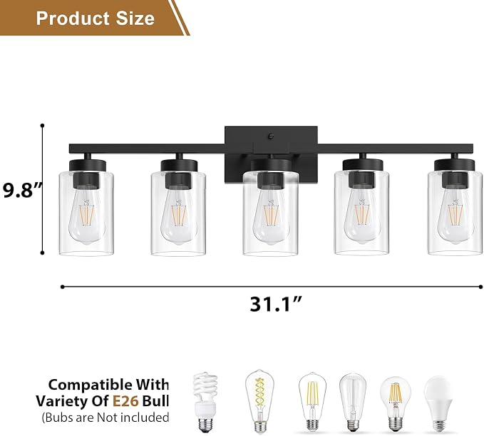 IZORRO Modern Bathroom Light Fixtures, 5 Light Black Vanity Lights, Bathroom - Image 4