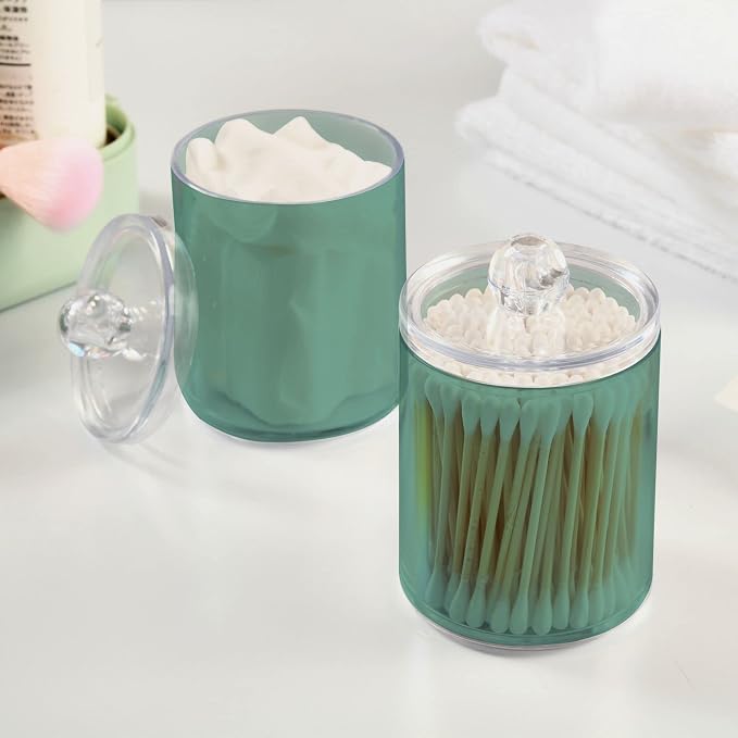 Teal Green Retro Qtip Holder Organizer Dispenser Cotton Swabs Cans Plastic Jars - Image 5