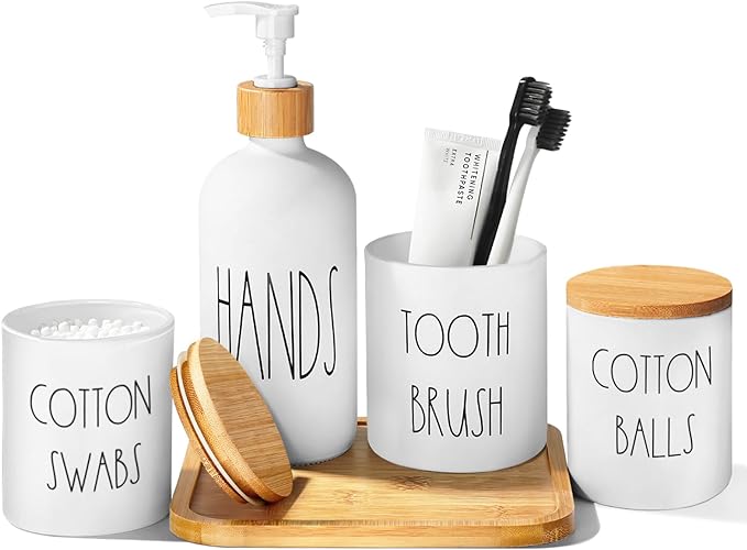 White Bathroom Accessories, Soap Dispenser and Toothbrush Holder Set, Qtip and by ALPIRIRAL