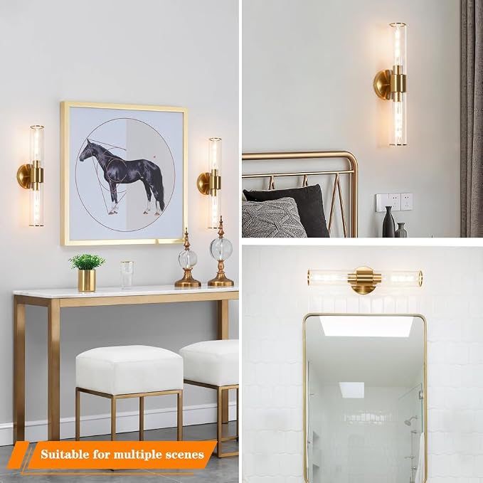 Gold Wall Sconces Set of 2, Hardwired Bathroom Vanity Light Fixture, Brass - Image 8