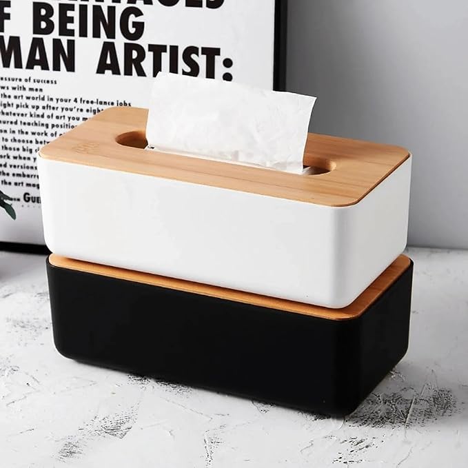 Tissue Box with Bamboo Cover, Plastic Tissue Organizer, Bathroom Tissue - Image 6