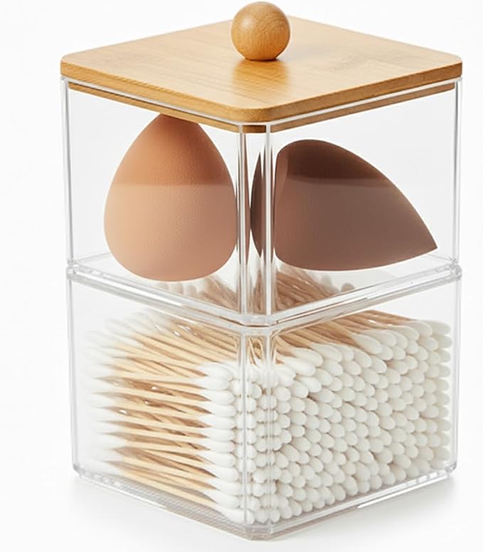 Cotton Swab Holder with Bamboo Lid, Double Layer Stackable Bathroom Organizer by Home
