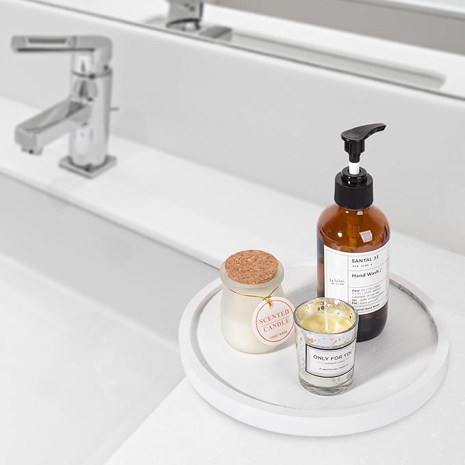 Round Decorative Tray Wood Bathroom Counter Organizer Farmhouse Kitchen Decor - Image 2