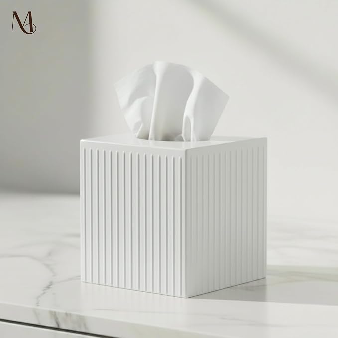 Monarch Abode Tissue Box Cover Square – Handcrafted Ridge Embossed White Metal - Image 5