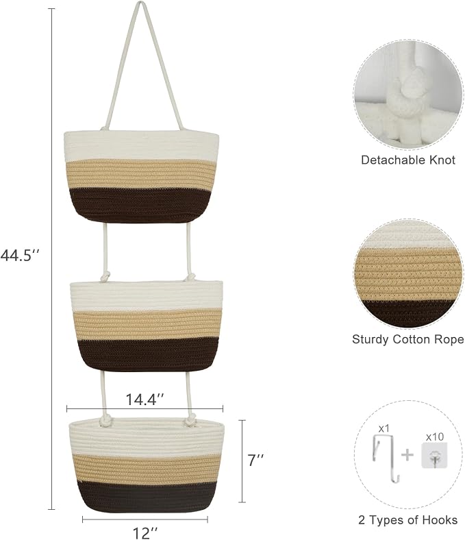 TeoKJ Over the Door Hanging Baskets, 3-Tier Woven Cotton Storage Organizer Bag - Image 2