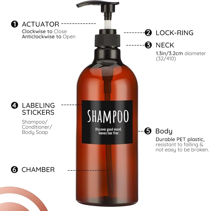 Empty Plastic Bottles with Labels, Segbeauty 33.8oz Large Brown Shampoo - Image 3